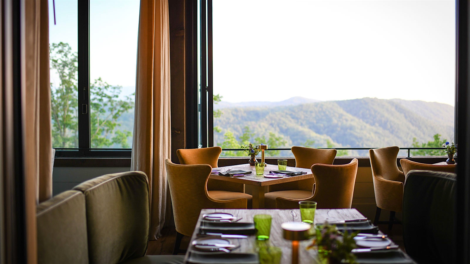 The fine-dining room at Blackberry Mountain resort, with a view of the Smoky Mountains out the large windows
